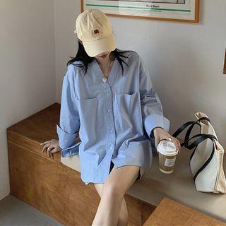 Long-sleeve Collarless V-neck Shirt