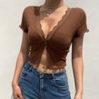 Short-sleeve V-neck Lace Cropped Top Brown - One Size