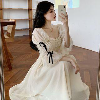 Puff-sleeve Shirred Midi A-line Dress Almond - One Size