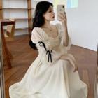 Puff-sleeve Shirred Midi A-line Dress Almond - One Size