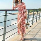 3/4-sleeve Printed Wrap Midi Dress