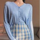Pointelle Knit Cardigan / Plaid A-line Skirt