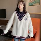 Mock Two-piece Wide Thick Long-sleeve Sweatshirt White - One Size