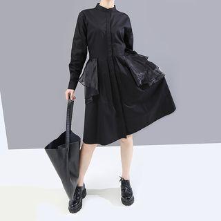 Sheer Panel Long-sleeve Shirt Dress