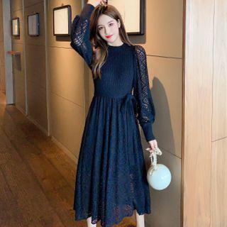 Knit Panel Lace Midi A-line Dress