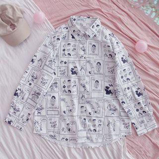 Cartoon Print Shirt White - One Size