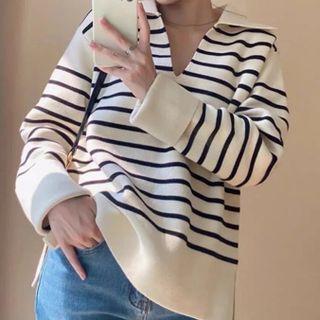 V-neck Collared Striped Sweater