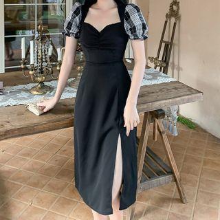 Plaid Puff Sleeve Panel Square Neck Slit A-line Dress