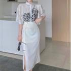 Short-sleeve Paneled Blouse / Slit Midi Skirt