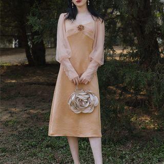 Long-sleeve Mesh Bow-front Midi A-line Dress