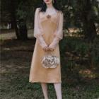Long-sleeve Mesh Bow-front Midi A-line Dress