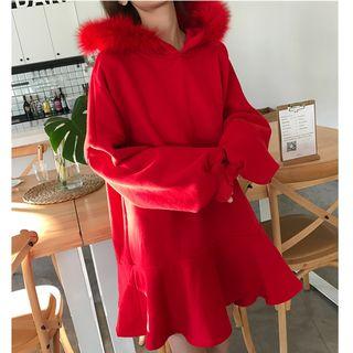 Puff-sleeve Furry Hood Mini A-line Dress