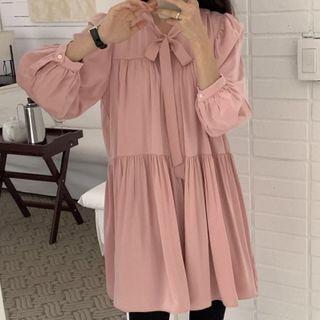 Long-sleeve Tie-neck Tiered Shift Dress