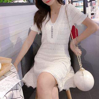 Short-sleeve Patterned A-line Mini Knit Dress