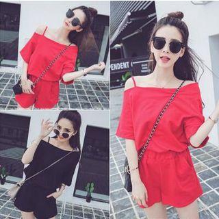 Set: Elbow-sleeve Cold Shoulder T-shirt + Wide-leg Shorts