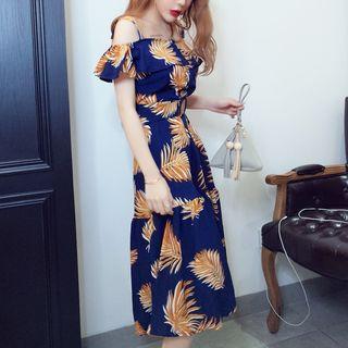 Leaf Print Cold Shoulder A-line Midi Dress