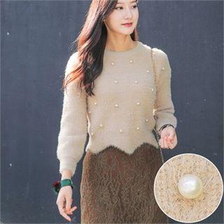 Faux-pearl Beaded Wool Blend Sweater