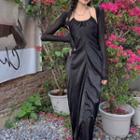 Spaghetti Strap Midi A-line Dress / Long-sleeve Shrug