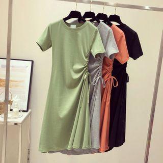 Short-sleeve Drawcord Plain Dress