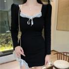 Long-sleeve Lace-trim Slit Mini Dress