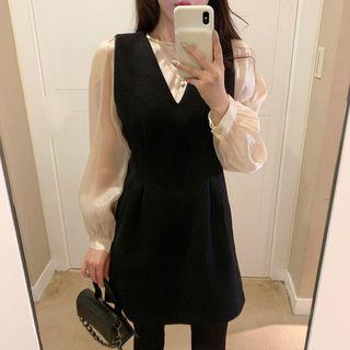 Long-sleeve Blouse / A-line Pinafore Dress