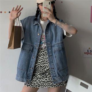 Sleeveless Front Pocket Button Denim Jacket Blue - One Size