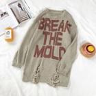 Lettering Distressed Crewneck Long-sleeve Sweater