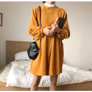 Puff-sleeve Mock-neck A-line Dress