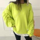 Round-neck Shirred-sleeve Fleece-lined Pullover