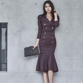 Set: Double Breasted Plaid Blazer + Midi Fitted Skirt
