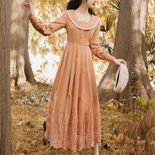 Sailor Collar Long-sleeve Lace Trim A-line Midi Dress
