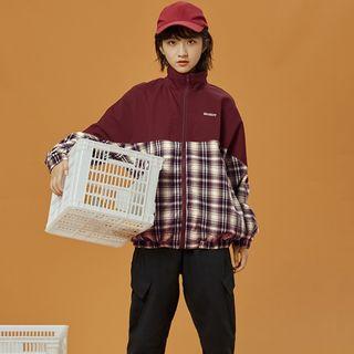Stand Collar Plaid Panel Zip Jacket