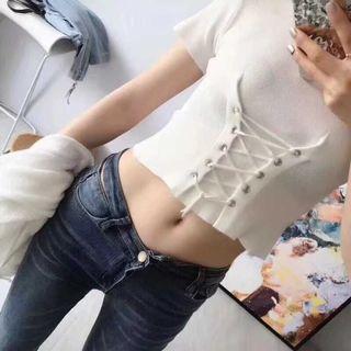 Short-sleeve Cropped Lace-up Knit Top