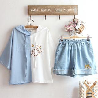 Elbow-sleeve Printed Hoodie / Wide-leg Denim Shorts / Set