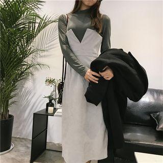 Set: Plain Long Sleeve T-shirt + Spaghetti Strap Midi Dress