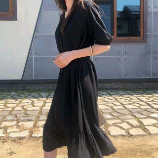 V-neck Ruffle-hem Dress With Sash