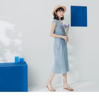 Smocked Waist Denim Midi Dress