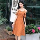 Elbow-sleeve Cold Shoulder Dotted A-line Dress