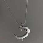 Melting Moon Pendant Stainless Steel Necklace Xl1464 - 1pc - Silver - One Size