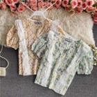 Ruffled Floral Printed V-neck Cropped Blouse