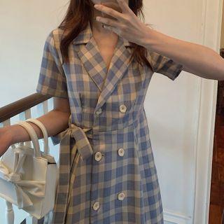 Short-sleeve Plaid Tie-waist Dress As Shown In Figure - One Size