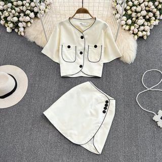 Set: Short Sleeve Contrast Trim Shirt + High Waist A-line Mini Skirt