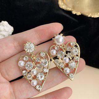 Rhinestone Faux Pearl Heart Dangle Earring 1 Pair - As Shown In Figure - One Size