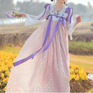 Flared-sleeve Flower Embroidered Maxi Hanfu Dress