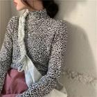 Mock-neck Leopard Print Top Black & Khaki - One Size