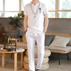 Set: Short-sleeve Chinese Character Print Shirt + Harem Pants