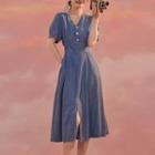 Short-sleeve Washed Denim Midi A-line Dress