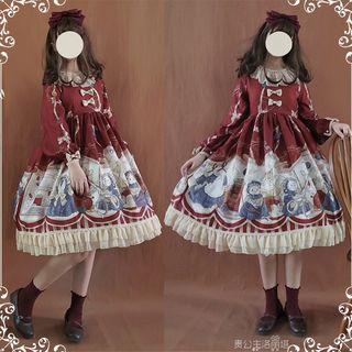 Rabbit Print Ribbon Long-sleeve A-line Dress
