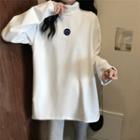 Smile Face Embroidered Turtleneck Long-sleeve Fleece Lined Top