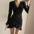 Long-sleeve Asymmetrical Ruffle Trim Mini Bodycon Dress